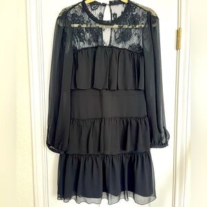 NWT Gianni Bini Black Lace Tiered Dress with Sheer Sleeves Mini Sz Womens 6